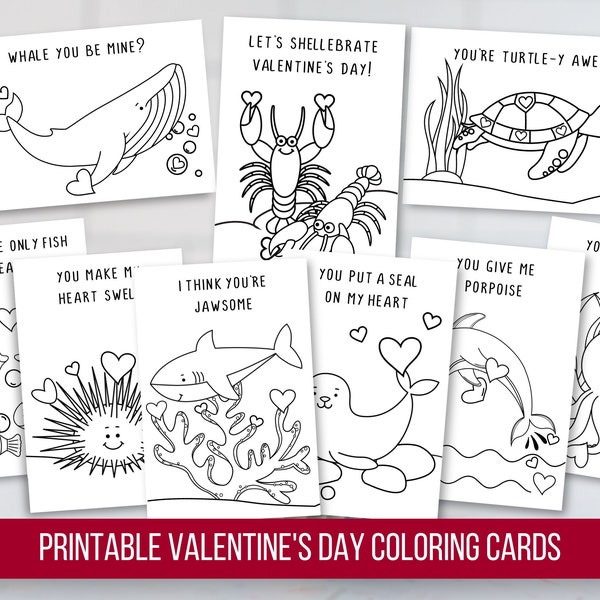 Printable Valentine’s Day Coloring Cards, Marine Animals Coloring Cards, Classroom Valentines, Kids’ Coloring Activity, Digital Download