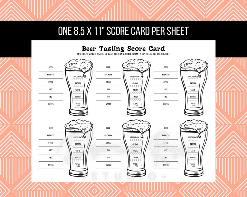 Printable Beer Tasting Score Card, Beer Score Card for 6 Beers, Beer