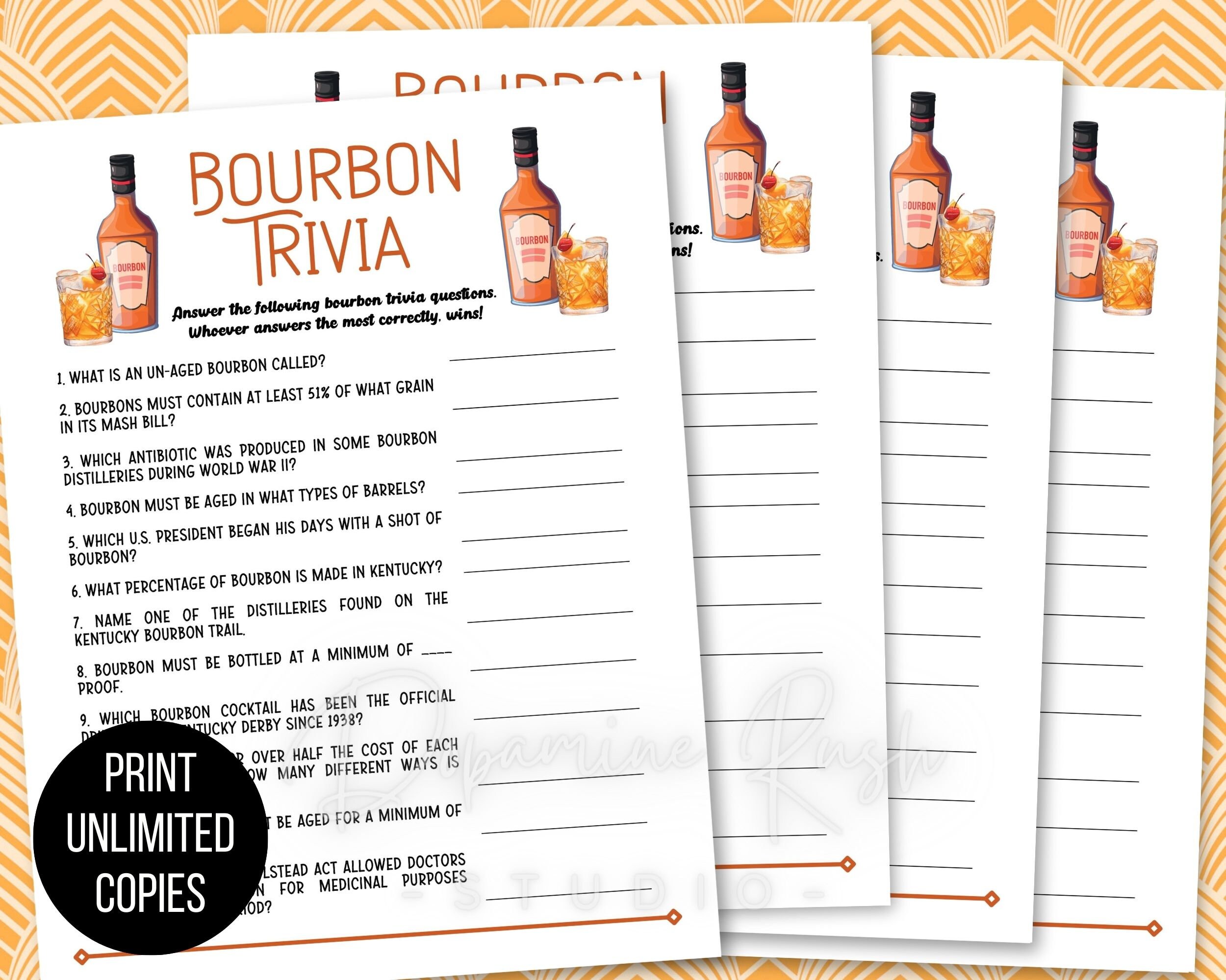 Printable Bourbon Trivia, Bourbon Tasting Games, Whiskey Games, Bourbon