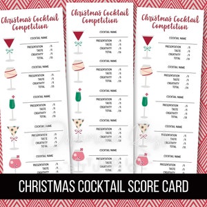 Afdrukbare kerstcocktailwedstrijd 4,25 x 11" scorekaart voor 5+ cocktails, kerstcocktailproeverij, digitale download