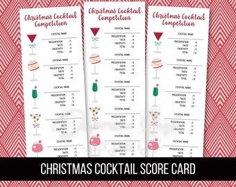 Printable Christmas Cocktail Competition 4.25 x 11” Score Card for 5+ cocktails, Christmas Cocktail Tasting Party, Digital Download