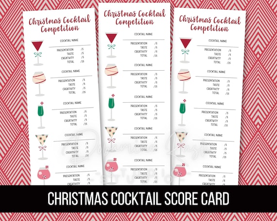 Printable Christmas Cocktail Competition 4.25 x 11” Score Card for 5+ cocktails, Christmas Cocktail Tasting Party, Digital Download