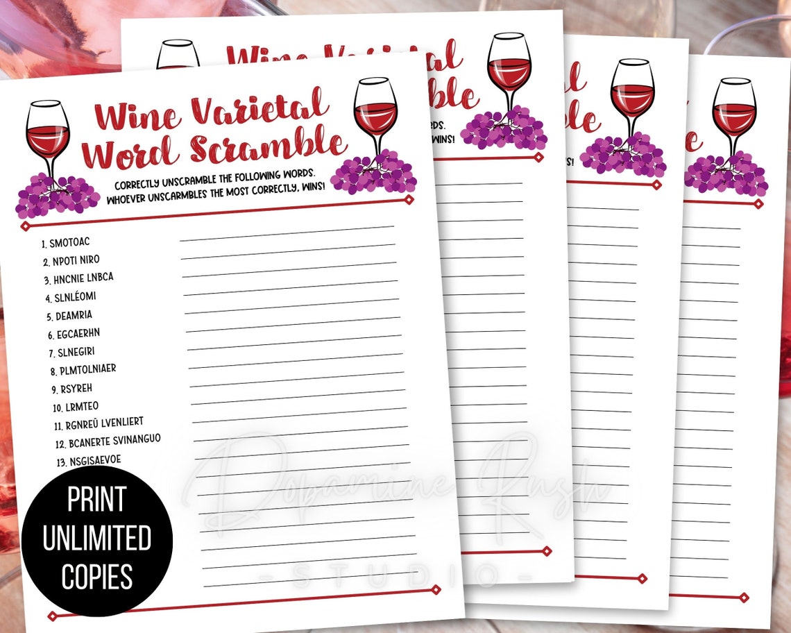 Printable Wine Varietal Word Scramble, Wine Party Games, Printable Wine ...
