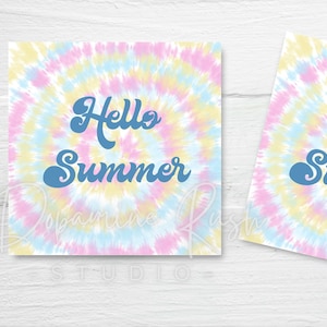 Printable Tie-dye Hello Summer Square 2” Cookie Tags, Square Summer Gift Tags, Tie-dye Summer Favor Tags, Digital Download