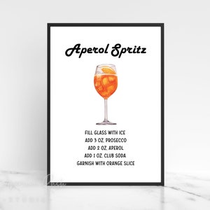 Signo de autoservicio imprimible Aperol Spritz 8x10", receta de bebida Aperol Spritz, tarjetas de recetas de cócteles 5x7", signo de cóctel, descarga digital