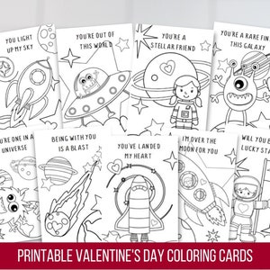 Cartes à colorier imprimables pour la Saint-Valentin, cartes à colorier dans l'espace, activité de coloriage pour la Saint-Valentin pour enfants, téléchargement numérique