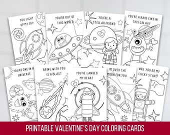 Printable Valentine’s Day Coloring Cards, Outer Space Coloring Cards, Kids’ Valentine Coloring Activity, Digital Download