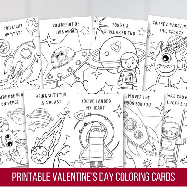 Printable Valentine’s Day Coloring Cards, Outer Space Coloring Cards, Kids’ Valentine Coloring Activity, Digital Download