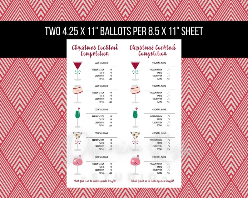 Printable Christmas Cocktail Competition 4.25 x 11” Score Card for 5+ cocktails, Christmas Cocktail Tasting Party, Digital Download image 2