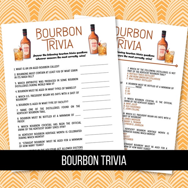 Printable Bourbon Trivia, Bourbon Tasting Games, Whiskey Games, Bourbon Party, Free Response and Multiple Choice Trivia, Digital Download