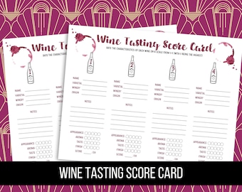 May include: A printable wine tasting score card with four sections for rating different wines. Each section has a space to write the name, varietal, winery, origin, and notes for each wine. There are also circles to rate the appearance, aroma, taste, and finish of each wine on a scale of 1 to 5.