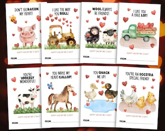 Printable Farm Valentine Cards, Farm Animal Classroom Valentines, Tractor and Truck Valentines, Valentine Cards for Kids, Digital Download