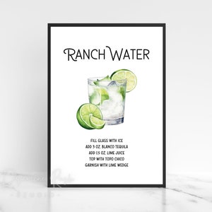 Cartello self-service stampabile Ranch Water Cocktail 8x10", Carte di ricette per acqua Ranch 5x7", Cartello Ranch Water Bar, Ricette di bevande, Download digitale