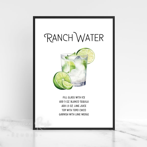 Printable Self-Serve Ranch Water Cocktail 8x10” Sign, Ranch Water Recipe Cards 5x7”, Ranch Water Bar Sign, Drink Recipes, Digital Download