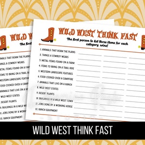 Gioco stampabile Wild West Think Fast, giochi per feste a tema western, giochi per feste a tema cowboy, giochi e attività per feste in famiglia, download digitale