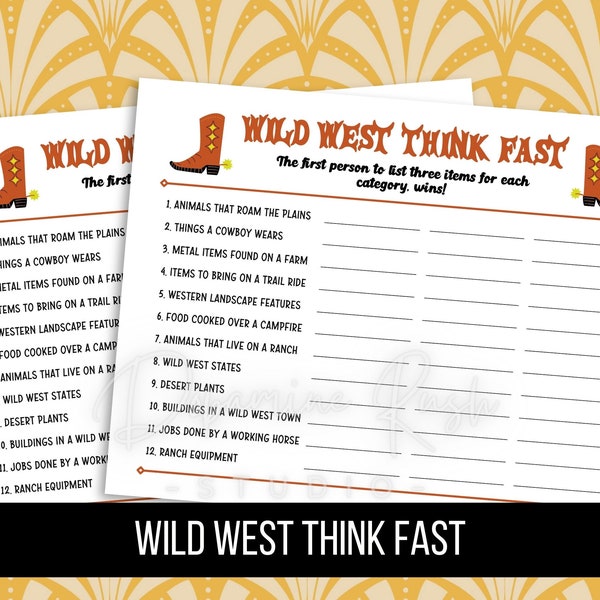 Printable Wild West Think Fast Game, Western Theme Party Games, Cowboy-themed Party Games, Family Party Games & Activities, Digital Download