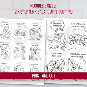 May include: Black and white printable Valentine's Day cards featuring dinosaurs and puns. The cards are designed to be cut out and given as gifts. The text on the cards includes phrases like "You make my heart saur" and "I think you're a great friendosaurus".