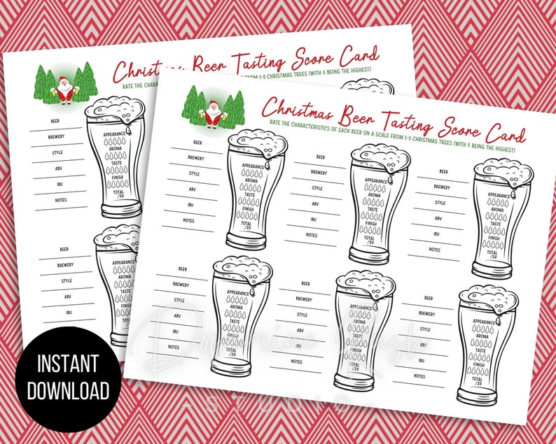 Printable Christmas Beer Tasting Score Card, Beer Score Card for 6
