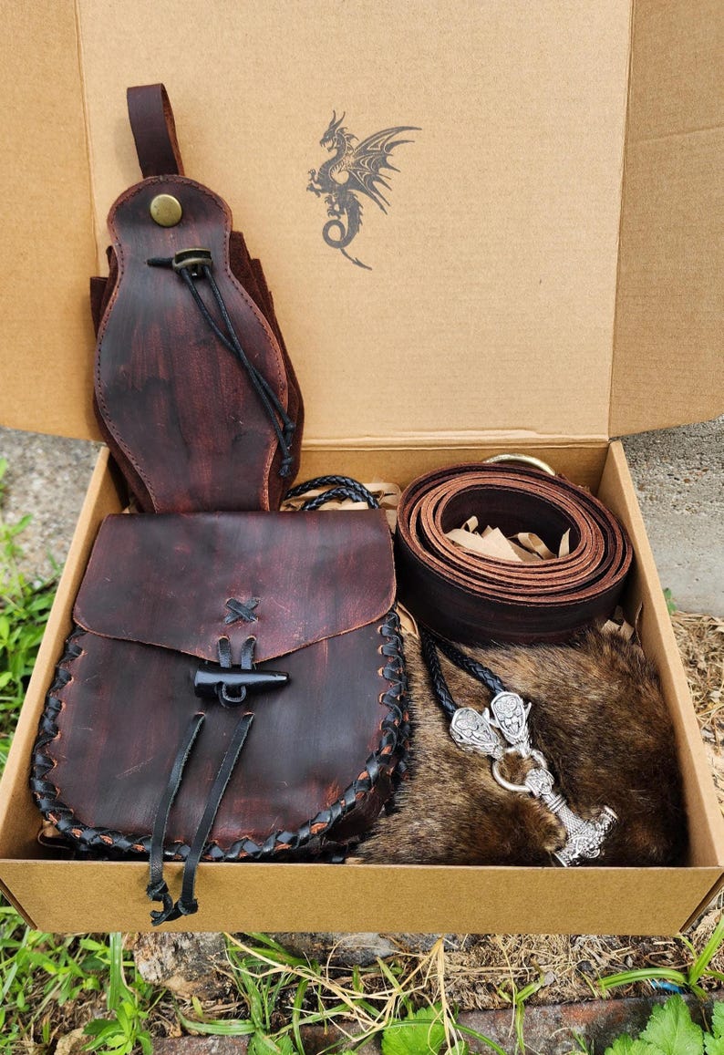 medieval viking belt pouch gift set reanaissance faire leather belt bag cosplay Genuine Leather Set