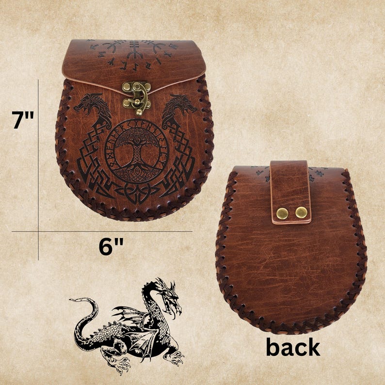 May include: Brown leather pouch with a flap closure and a brass buckle. The pouch is decorated with a tree of life design, a dragon, and runes. The pouch measures 7 inches tall and 6 inches wide. The back of the pouch is plain brown leather.