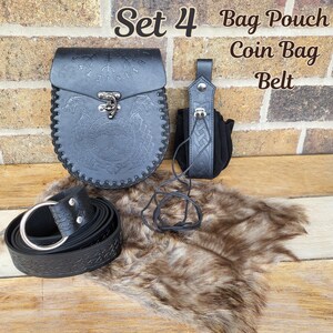 medieval viking belt pouch gift set reanaissance faire leather belt bag cosplay Set 4 Black 3pcs