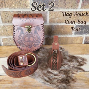 medieval viking belt pouch gift set reanaissance faire leather belt bag cosplay Set 2 Brown 3pcs