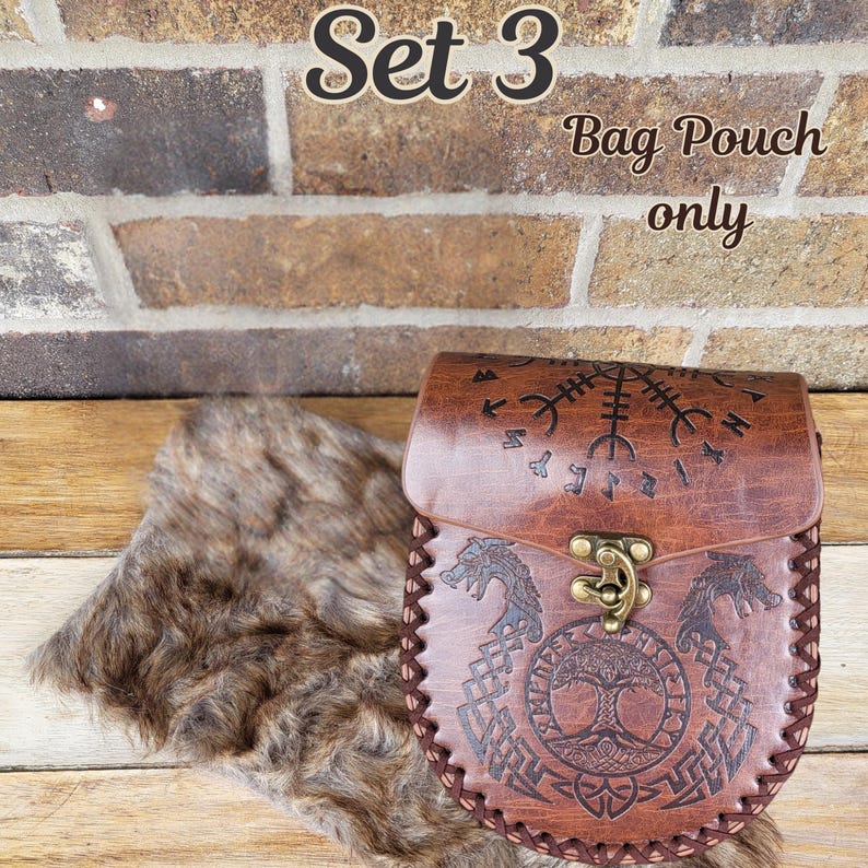 medieval viking belt pouch gift set reanaissance faire leather belt bag cosplay Set 3 brown 1 pcs