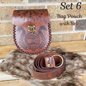medieval viking belt pouch gift set reanaissance faire leather belt bag cosplay Set 6 brown 2pcs