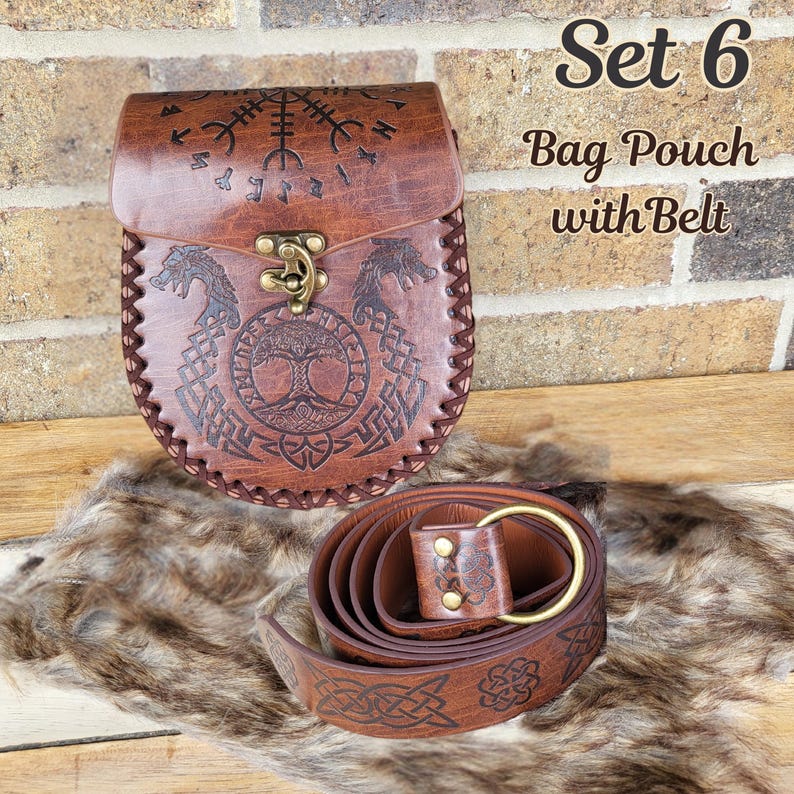 medieval viking belt pouch gift set reanaissance faire leather belt bag cosplay Set 6 brown 2pcs