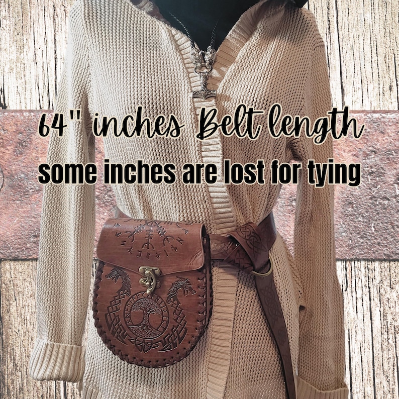 May include: A brown leather belt with a decorative buckle and a matching brown leather bag with a Celtic knot design. The belt is 64 inches long, and some inches are lost for tying.