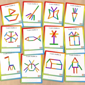 May include: A set of 12 colorful cards with instructions to make different objects using craft sticks. Each card features a colorful illustration of the object and the text "I can make a" followed by the name of the object. The objects include a broom, butterfly, carrot, ferris wheel, fish, flower, gift, giraffe, ladybug, house, and rocket.