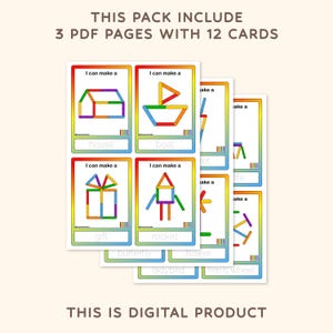 May include: A printable set of 12 cards featuring colorful illustrations of objects that can be made with building blocks. The cards include instructions like "I can make a house" and "I can make a boat".