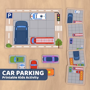 Parkeerpuzzelspel, afdrukbare activiteitenplezier voor fijne motoriek, voorschoolse activiteiten en thuisonderwijs