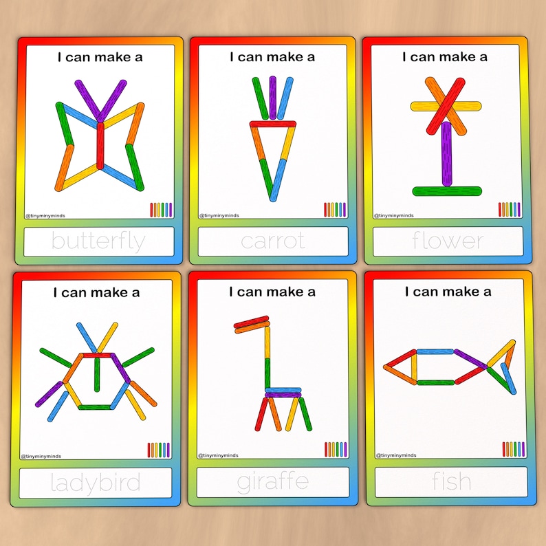 May include: Six colorful cards with the text "I can make a" followed by a picture of a butterfly, carrot, flower, ladybug, giraffe, and fish. Each card has a rainbow colored border and a blank space at the bottom for writing.