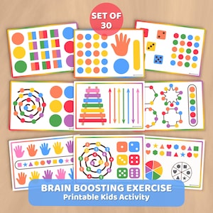 May include: A collection of 30 printable kids' activity sheets. The sheets feature colorful shapes, patterns, and illustrations, including hands, dice, and a xylophone. The text "BRAIN BOOSTING EXERCISE Printable Kids Activity" is displayed on a blue banner.