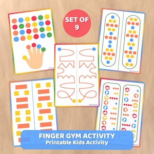 Può includere: Un set di nove schede di attività stampabili per bambini. Le schede presentano punti colorati, illustrazioni di dita ed esercizi di tracciamento di linee. Il testo "FINGER GYM ACTIVITY Printable Kids Activity" è visualizzato.