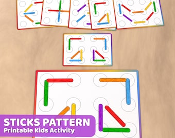 Peut inclure: Activité imprimable pour enfants avec un motif de bâtonnets colorés. L'activité comprend un jeu de cartes avec différents motifs de bâtonnets et une grande feuille avec des cercles pour recréer les motifs.