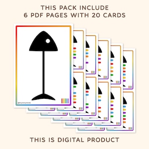 K&ouml;nnte beinhalten: Ein Satz von 20 druckbaren Lernkarten mit einer Schwarzwei&szlig;illustration einer Lampe. Die Karten sind mit einem Regenbogenrand gestaltet und Teil eines digitalen Produkts.