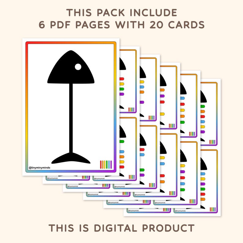 K&ouml;nnte beinhalten: Ein Satz von 20 druckbaren Lernkarten mit einer Schwarzwei&szlig;illustration einer Lampe. Die Karten sind mit einem Regenbogenrand gestaltet und Teil eines digitalen Produkts.