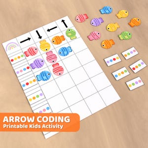 Juego de codificación por colores con flechas de pez, actividad de dirección, divertida e imprimible para desarrollar habilidades motoras finas, actividades preescolares y aprendizaje en el hogar
