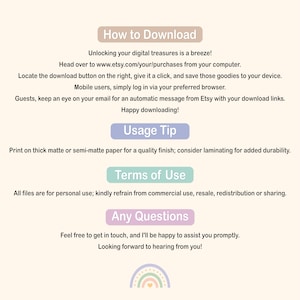 K&ouml;nnte beinhalten: So laden Sie herunter, Nutzungstipp, Nutzungsbedingungen, Fragen?  Anweisungen zum Herunterladen digitaler Produkte von Etsy.  Tipps zum Drucken und Laminieren.  Nutzungsbedingungen f&uuml;r den pers&ouml;nlichen Gebrauch.  Kontaktinformationen f&uuml;r Fragen.