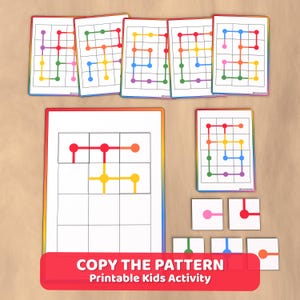 Pode incluir: Atividade infantil imprimível com quebra-cabeças de pontos coloridos. A imagem mostra várias folhas com padrões diferentes, juntamente com peças individuais do quebra-cabeça. O texto "COPY THE PATTERN Printable Kids Activity" é exibido em uma faixa vermelha.