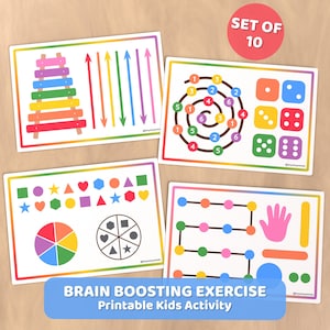 May include: A set of 10 printable kids' activity cards. The cards feature colorful illustrations of a xylophone, arrows, dice, shapes, and a hand. The text "BRAIN BOOSTING EXERCISE Printable Kids Activity" is displayed on a blue banner.