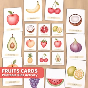 24 Flash Cards de frutas em aquarela, jogo de memória de frutas fofas para impressão, atividades pré-escolares e aprendizagem em casa