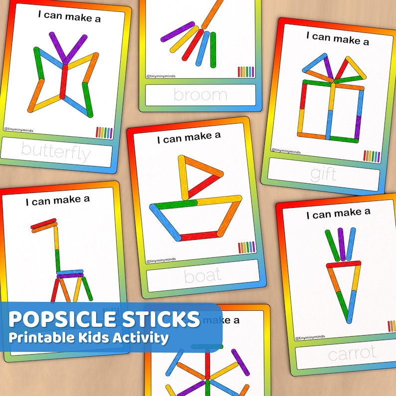 May include: Printable activity cards for kids featuring colorful popsicle stick craft ideas.  Each card shows a different object to make, such as a butterfly, broom, boat, gift, and carrot.  The cards include the text "I can make a" and the name of the object.