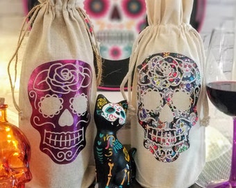 Sugar Skulls Gift Bag - Halloween Wine Bag -Fall Beverage Bag - Party Décor Gift bag - Adult Treat Bag