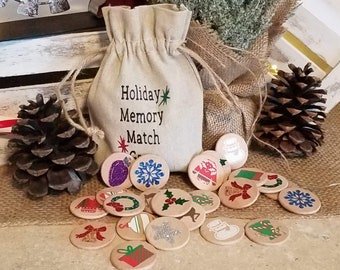 PERSONALIZED  Christmas Holiday Wooden Matching Memory Game - Busy Bag - Travel Toy - Kids Gift/Activity - Stocking Stuffer
