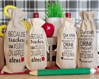 THANK A TEACHER - Personalized - Teacher Gift Bag - Teacher Thank you Gift - Friend - Thank You Gift Bag - Linen Wine Bag -Beverage Bag