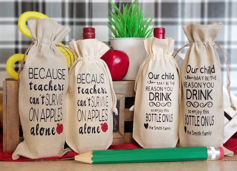 THANK A TEACHER - Personalized - Teacher Gift Bag - Teacher Thank you Gift - Friend - Thank You Gift Bag - Linen Wine Bag -Beverage Bag image 1