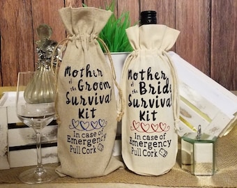 Mother of Groom or Bride Survival Kit Wedding Wine Bag - Father of the Bride - Maid of Honor- Linen Wine Bag - Other Mother - Other Father